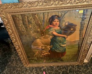 Antique print of girl and dog in antique frame 