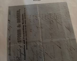 Receipt given by the U.N. storm and brooks of Storm & brooks. Commission and forwarding merchants May 13, 1859. 