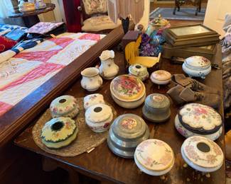 Miscellaneous Victorian Dresser boxes some tin and metal and some hand painted porcelain 