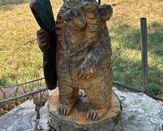 Lot #15 Chainsaw Carved Wood Bear Holding Fish Sculpture Log Base Rustic Western Folk Art