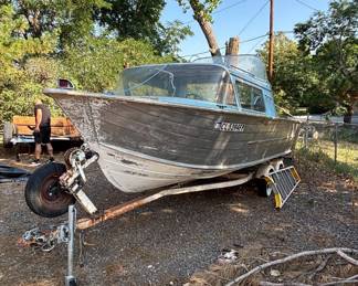 Vintage Aluminum Cabin Cruiser Runabout Boat on Tandem Axle Trailer Colorado Reg