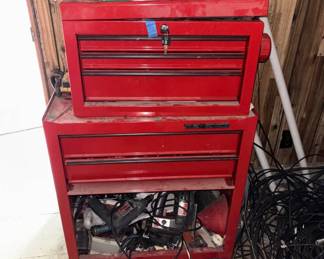 Lot #37 Task Force Red Steel Rolling Tool Chest Cabinet Set Top Box & Bottom Cart