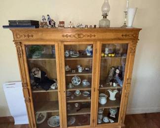 Lot #43 Antique Oak Triple Door China Display Cabinet Carved Victorian Bookcase