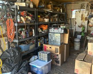 Lot #10 Contents of Garage Shop Tool Lot Husky Toolbox Bench Grinder Hardware Organizers Extension Cords