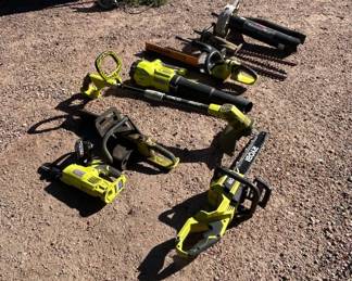 Lot #5 Ryobi ONE+ 18V Cordless Yard Tool Lot Chainsaw Blower Hedge Trimmer Edger