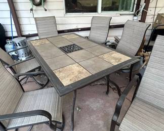 Lot #17 Outdoor Patio Dining Set Tile Top Table 6 Sling Chairs Steel Frame Brown