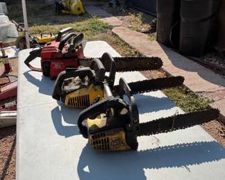 Lot #48 Lot of 4 Vintage Gas Chainsaws Homelite 360 Eager Beaver + IDC Hedge Trimmer