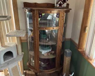 Lot #32 Antique Oak Curved Glass Curio China Cabinet Claw Feet Carved Victorian c1900