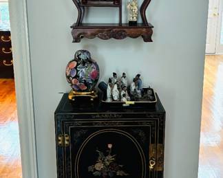 Black Lacquered Asian Style Cabinet & Rosewood Shelf