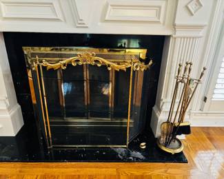 Brass Fire Screen & Fire Tools