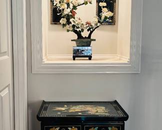 Black Lacquered Asian Cabinet & Decorative Stone Bonsai