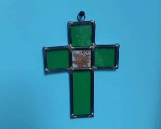 Stained Glass Cross Suncatcher with Botanical Inclusion second image