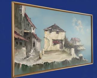 MidCentury Mediterranean Coastal Village Oil Painting second image