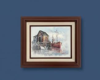 A. Simpson Coastal Harbor Oil Painting