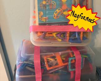 Sets of Magformers popular open-frame magnetic building toys featuring rotating neodymium magnets sealed inside colorful geometric plastic shapes