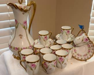 Hand Painted Limoges France Chocolate Pot with cups and saucers 