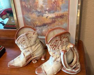 Vintage Frankoma Pottery Western Cowboy Boot w/Horseshoe Vase Bookend