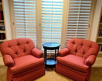 Pair of red coral overstuffed arm chairs