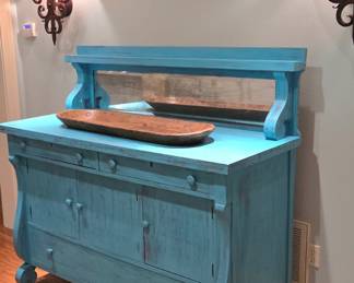 Turquoise painted antique sideboard with mirror