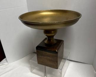 Brass Pedestal Compote Dish with Wooden Base
