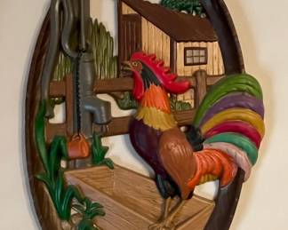 Vintage Syroco Farmhouse Rooster and Water Pump Wall Plaque