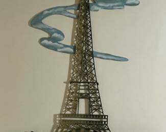 Eiffel Tower Metal Wall Art with Clouds and Cityscape