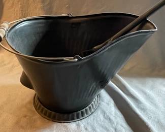 Vintage Black Metal Coal Scuttle with Wooden Handle