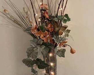 Autumn Floral Arrangement with Fairy Lights in Glass Cylinder Vase