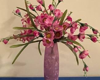Pink Glass Bud Vase with Artificial Freesia Flowers