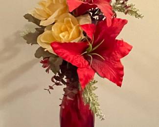 Red Lily and Yellow Rose Artificial Floral Arrangement in Red Glass Vase