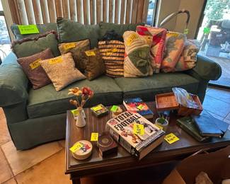 Sofa and Pillows, Coffee Table, Books and Decor