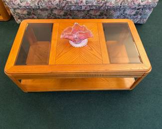 Mid-Century Modern Oak Coffee Table with Glass Inserts and Lower Shelf