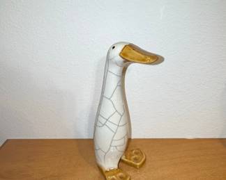 Vintage Ceramic Duck Figurine with Crackle Glaze and Honey-Brown Accents