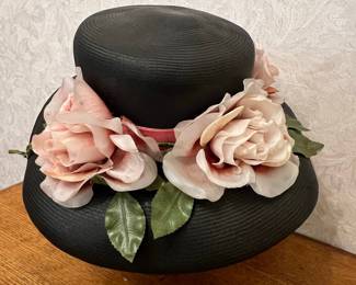 Vintage Black Straw Hat with Pink Roses and Ribbon