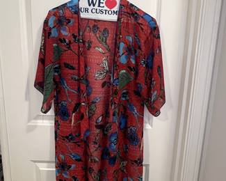 Floral Print Sheer Kimono with Blue Fringe