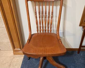 Antique Carved Oak Spindle Back Swivel Office Chair