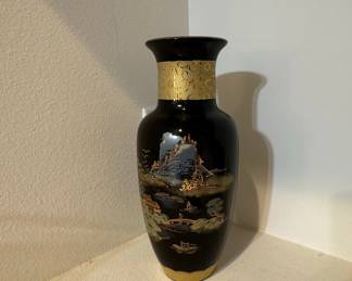 Japanese Black Lacquer Chinoiserie Vase with Gold Band