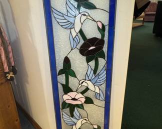 Stained Glass Hummingbird and Floral Panel