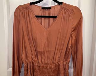 Philosophy Silky Pleated V Neck Peplum Top Poet Sleeves Rust Copper Orange XS