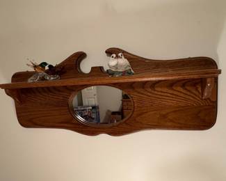 Vintage Oak Wall Shelf with Oval Mirror and Decorative Backboard