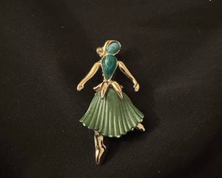 Vintage Green Enamel Ballerina Dancer Brooch