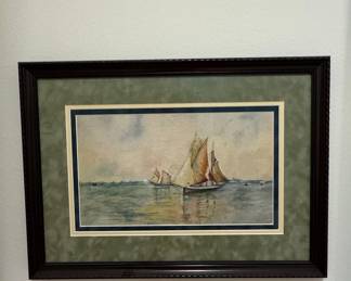 Vintage Maritime Watercolor Painting of Sailboats by Aubrey Ramus