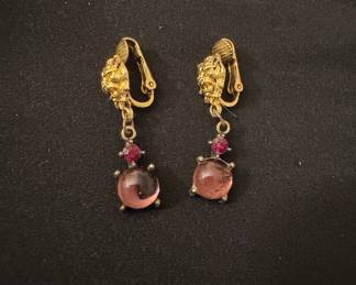 Vintage Lion Head Clip-On Earrings with Cabochons