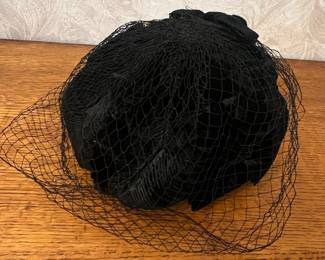Vintage Black Velvet Pillbox Hat with Bow and Netting
