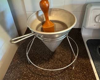 Vintage Wear-Ever Aluminum Food Mill with Stand and Wooden Pestle