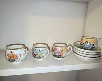 Vintage Japanese Porcelain Floral Teacups and Saucers