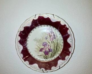 Antique Limoges Porcelain Plate with Iris Motif, Signed by Artist