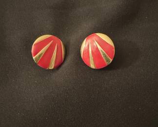Vintage Art Deco Revival Red Enamel Gold-Tone Sunburst Clip-On Earrings