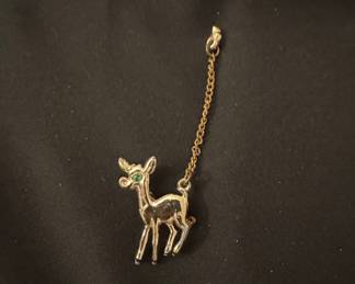 Vintage Gold-Tone Fawn Charm with Green Stone Eye and Chain
