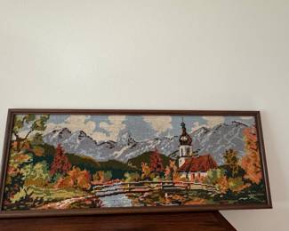 Vintage Framed Needlepoint Alpine Landscape with Church